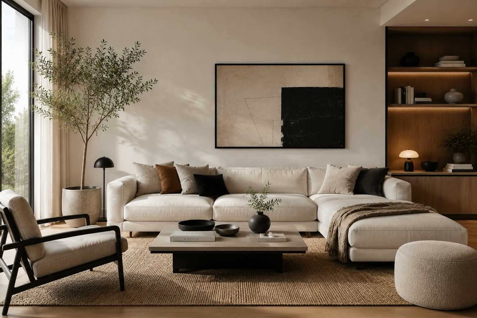 Living moderno de estilo contemporáneo con sofá en tonos neutros, madera natural, iluminación cálida y decoración minimalista.