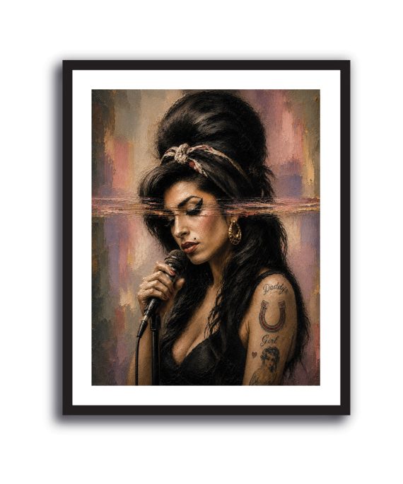 Cuadro de Amy Winehouse cantando con micrófono y textura pictórica en tonos rosados y negros