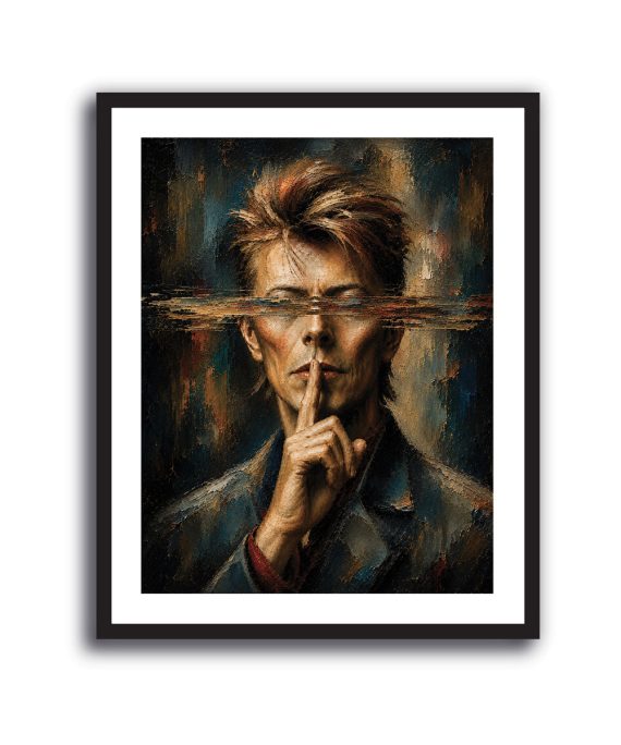 Cuadro de David Bowie haciendo un gesto de silencio con textura pictórica en azul petróleo y ocre