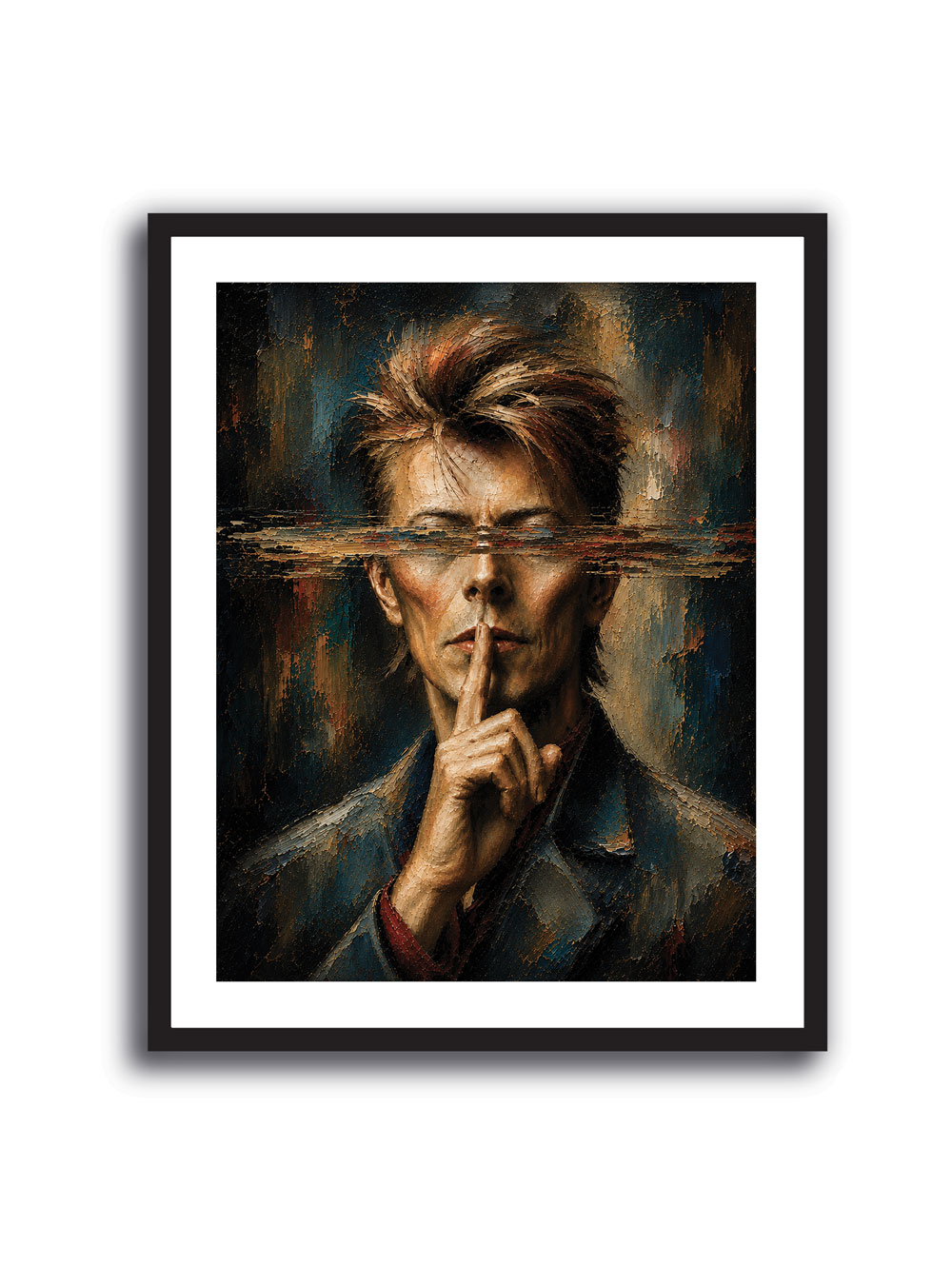 Cuadro de David Bowie haciendo un gesto de silencio con textura pictórica en azul petróleo y ocre
