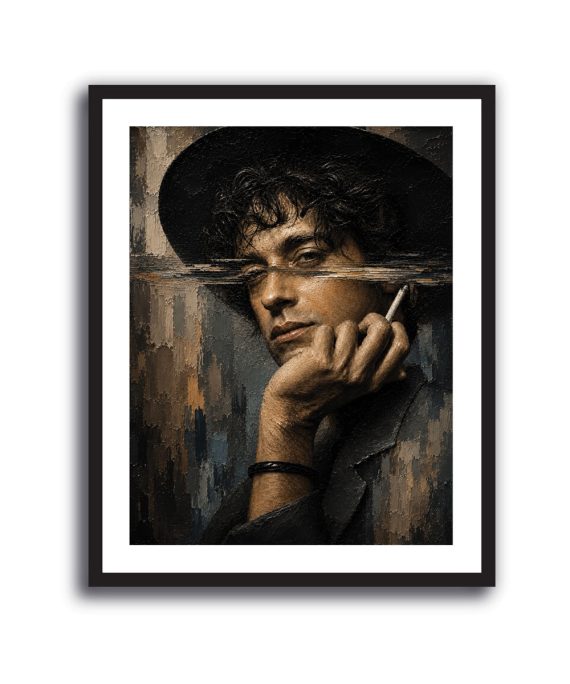 Cuadro de Gustavo Cerati con sombrero negro y textura pictórica en tonos oscuros
