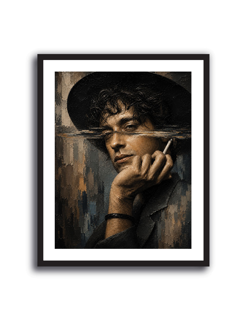 Cuadro de Gustavo Cerati con sombrero negro y textura pictórica en tonos oscuros