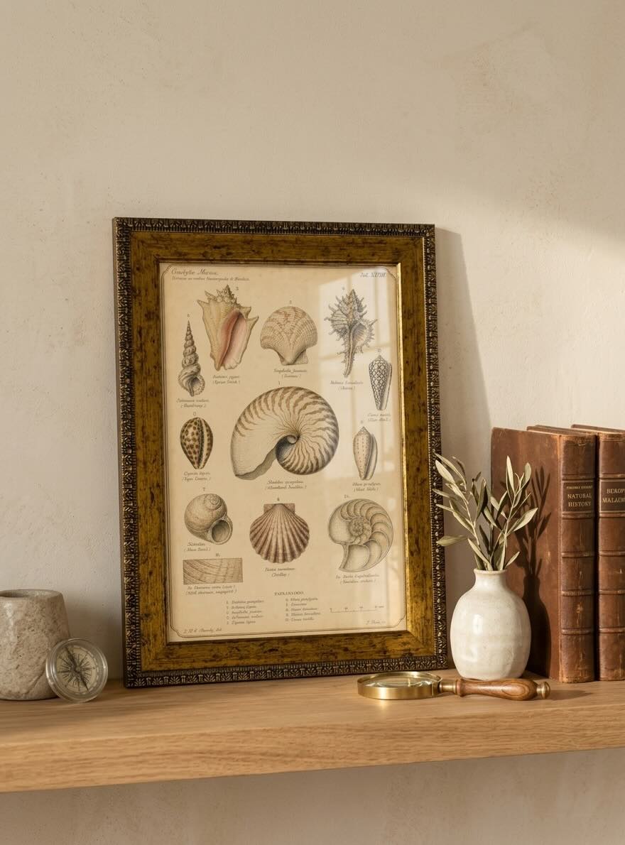 Lámina conchas marinas vintage de historia natural con marco 25x35 cm