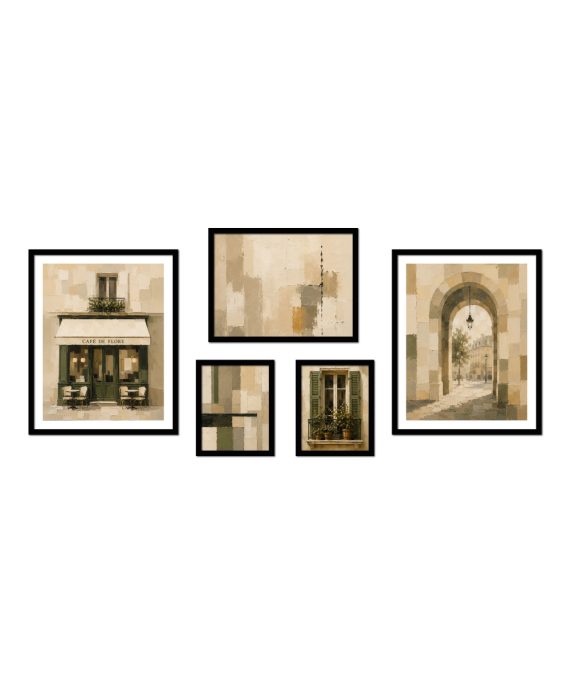 Set Rive Gauche de cinco cuadros con marcos negros, escenas parisinas y abstractos en tonos marfil, arena y verde oliva