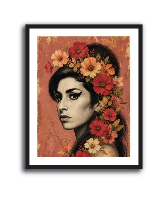 Cuadro de Amy Winehouse rodeada de flores rojas y corales sobre fondo cálido