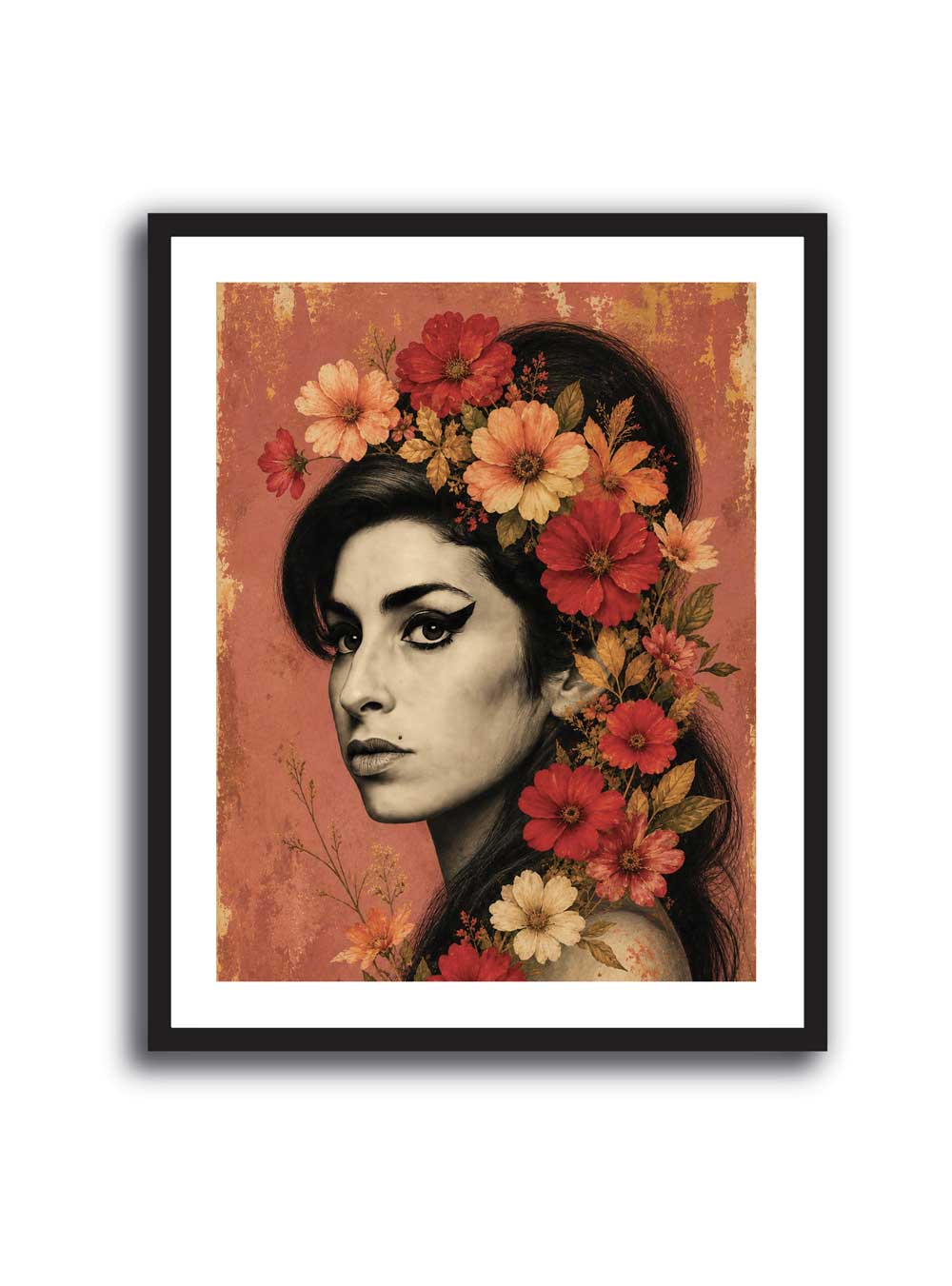 Cuadro de Amy Winehouse rodeada de flores rojas y corales sobre fondo cálido