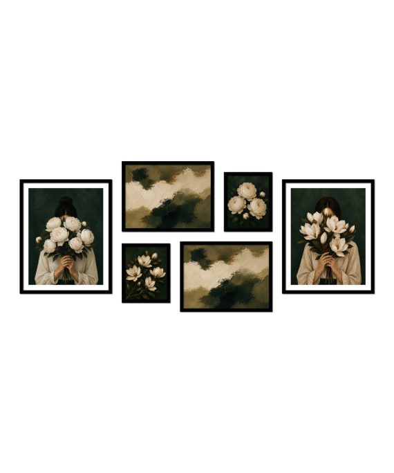 Set Botánica de Medianoche de seis cuadros con marco negro, flores marfil y composiciones abstractas en verde profundo