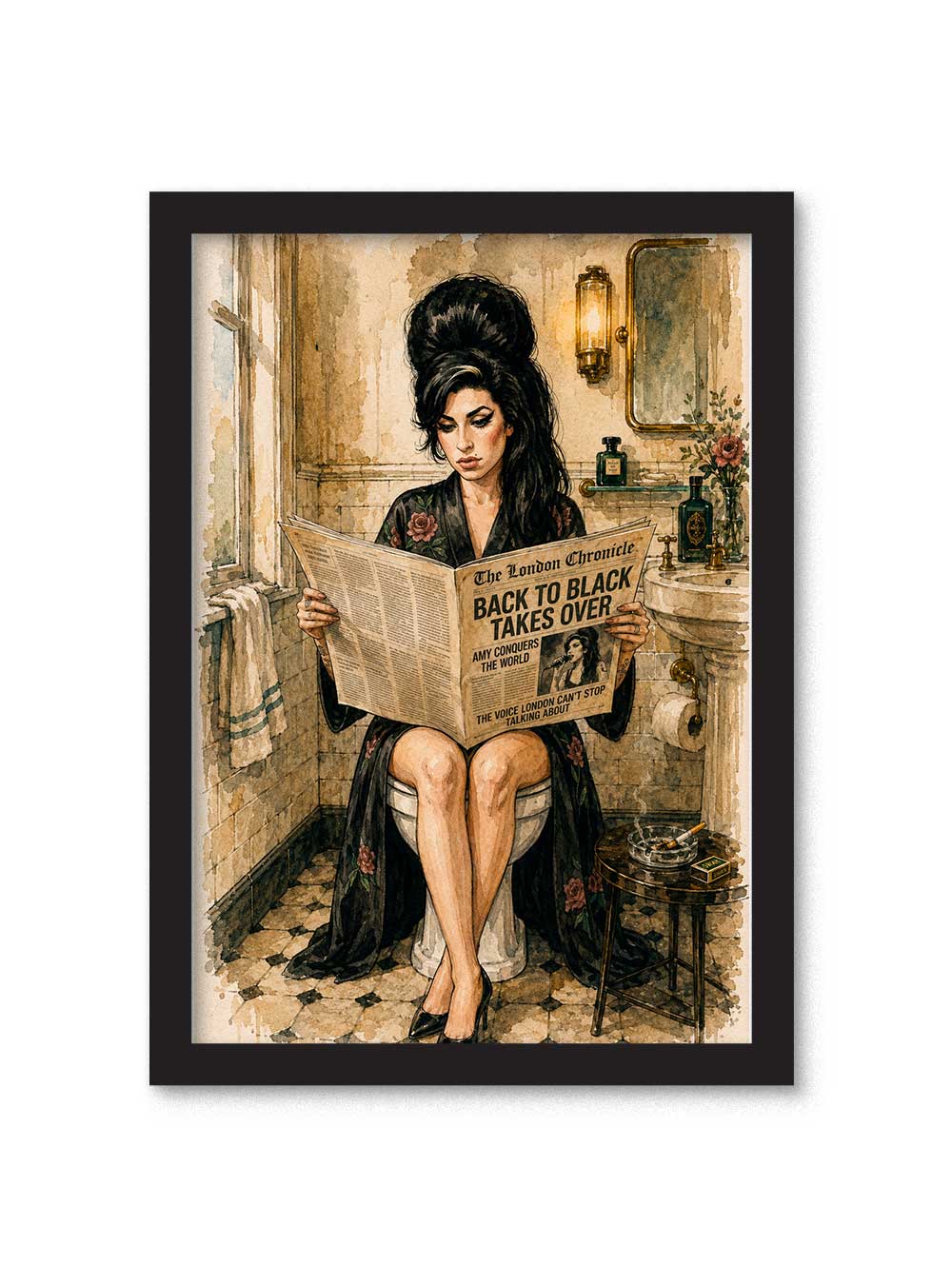 Cuadro de Amy Winehouse sentada en el baño leyendo un periódico sobre el éxito de Back to Black