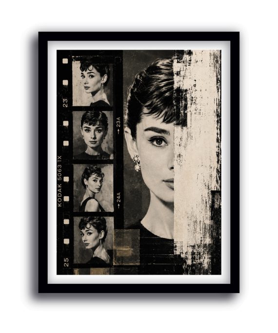 Cuadro de Audrey Hepburn inspirado en Breakfast at Tiffany's con diseño de tira de película en blanco y negro