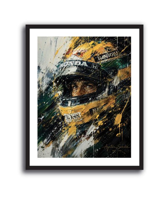 Cuadro artístico de Ayrton Senna con casco de Fórmula 1 en estilo pintura gestual