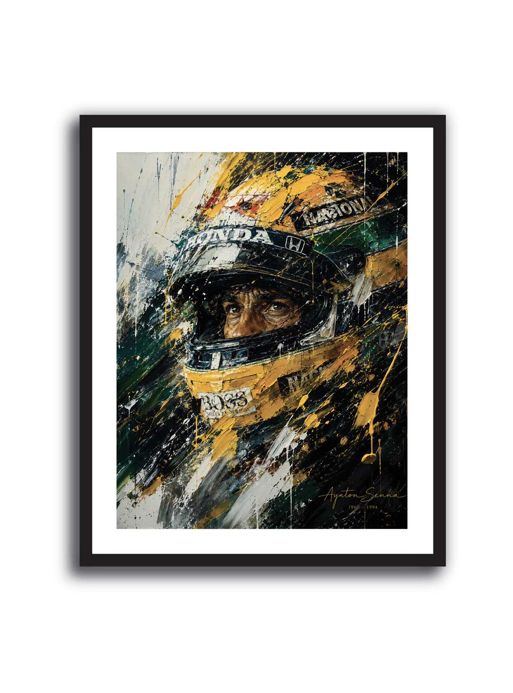 Cuadro artístico de Ayrton Senna con casco de Fórmula 1 en estilo pintura gestual