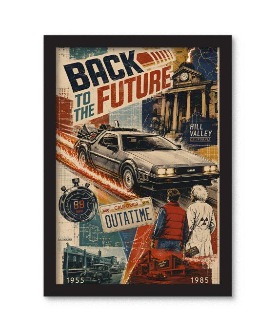 Cuadro inspirado en Back to the Future con DeLorean, Marty McFly y Doc Brown en estilo collage vintage