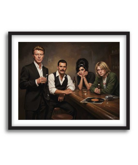 Cuadro Bar de Leyendas con David Bowie, Freddie Mercury, Amy Winehouse y Kurt Cobain reunidos en un bar