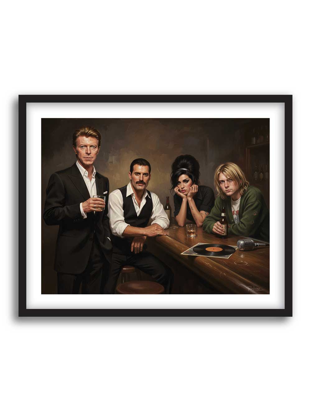 Cuadro Bar de Leyendas con David Bowie, Freddie Mercury, Amy Winehouse y Kurt Cobain reunidos en un bar