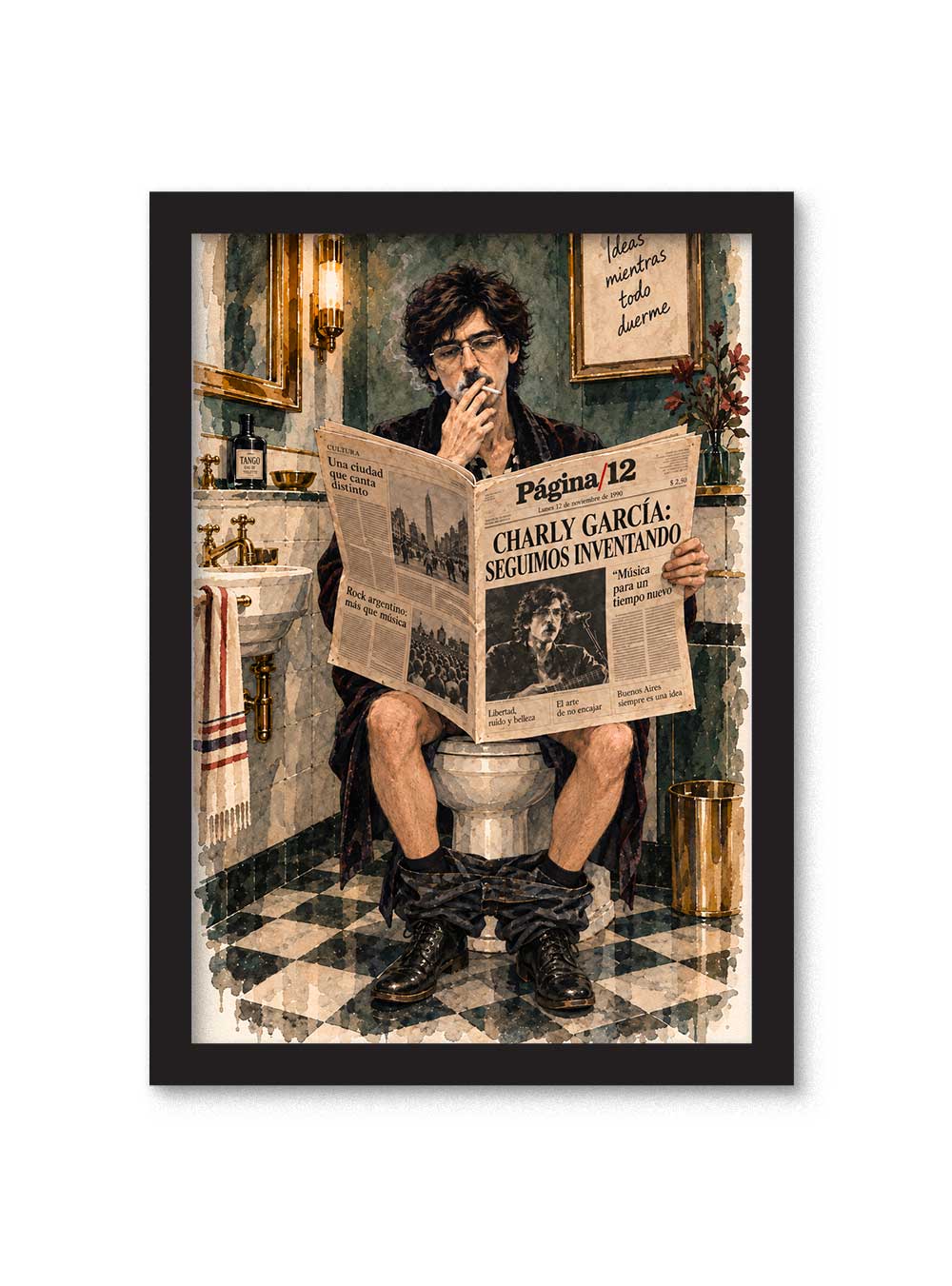 Cuadro de Charly García fumando en el baño y leyendo Página 12 con el titular Seguimos Inventando