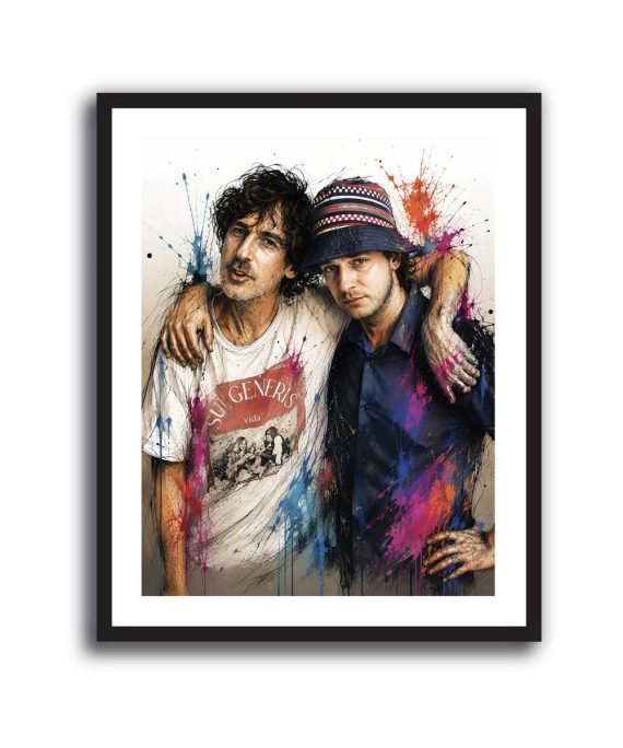 Cuadro de Charly García y Gustavo Cerati abrazados con acuarelas de colores