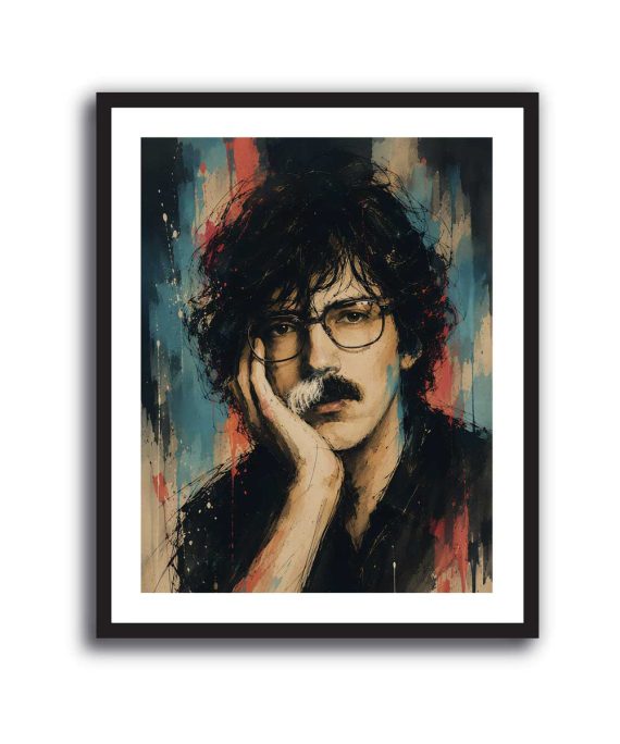 Cuadro de Charly García con lentes y bigote bicolor en acuarela turquesa y coral