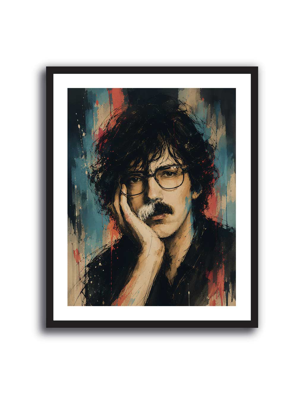 Cuadro de Charly García con lentes y bigote bicolor en acuarela turquesa y coral