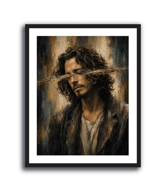 Cuadro de Chris Cornell con cabello largo y textura pictórica en tonos negros y ocres