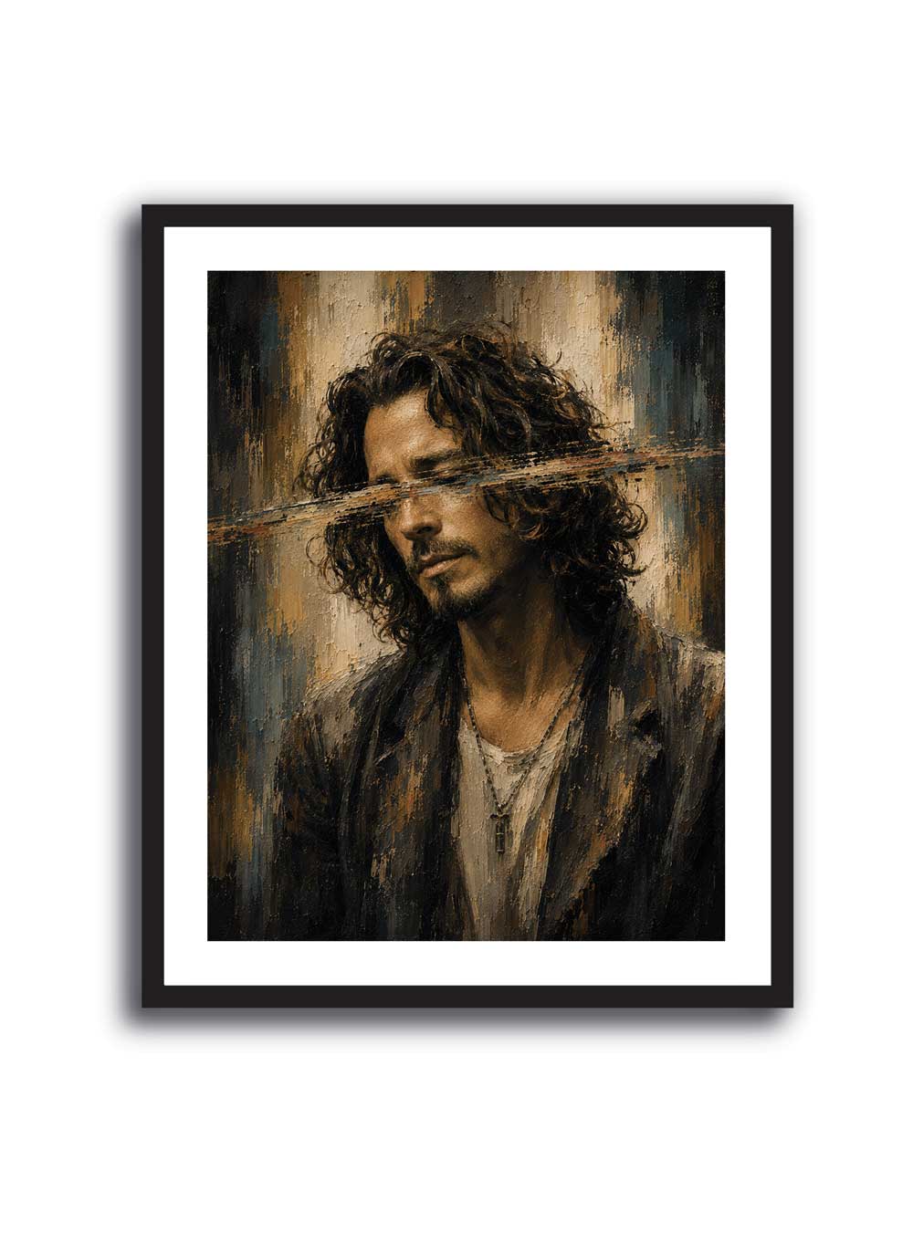 Cuadro de Chris Cornell con cabello largo y textura pictórica en tonos negros y ocres