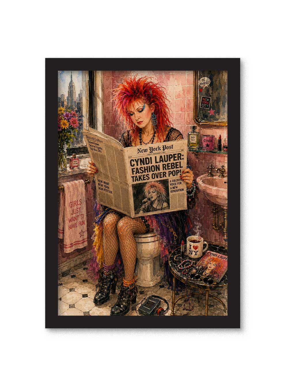 Cuadro de Cyndi Lauper sentada en el baño leyendo un periódico con el titular Fashion Rebel