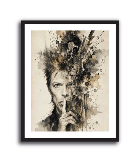 Cuadro de David Bowie en acuarela con guitarras, disco de vinilo y partituras