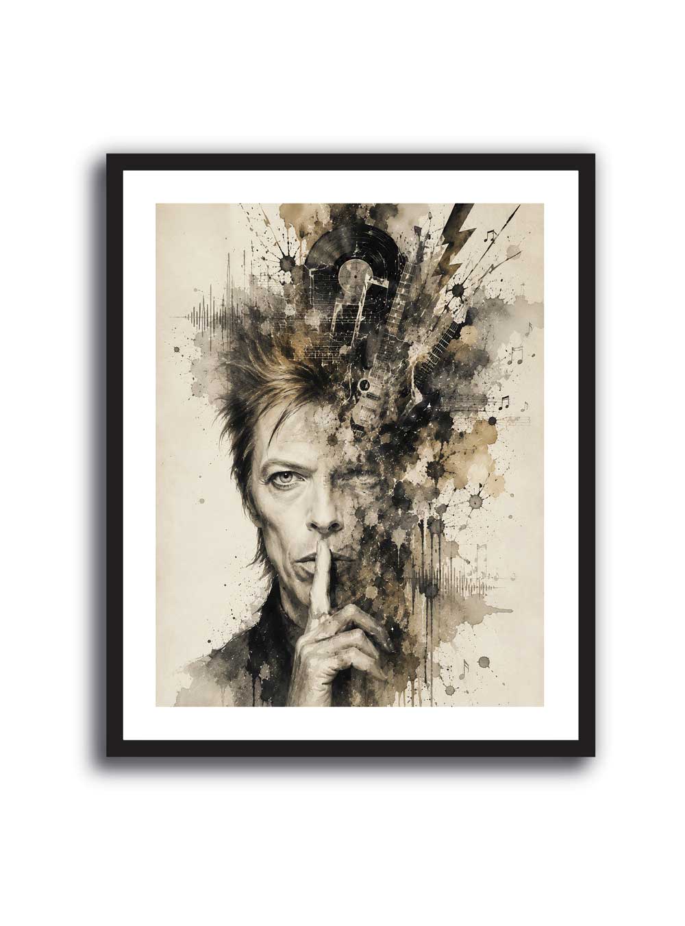 Cuadro de David Bowie en acuarela con guitarras, disco de vinilo y partituras