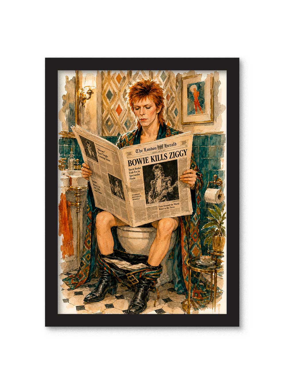 Cuadro de David Bowie sentado en el baño leyendo un periódico con el titular Bowie Kills Ziggy