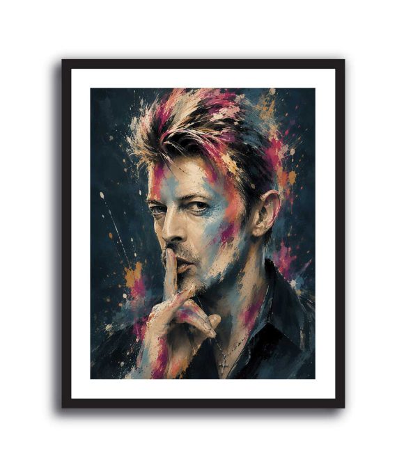 Cuadro colorido de David Bowie haciendo el gesto de silencio sobre fondo azul petróleo