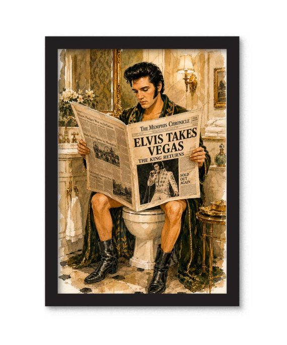 Cuadro de Elvis Presley sentado en el baño leyendo un periódico con el titular Elvis Takes Vegas