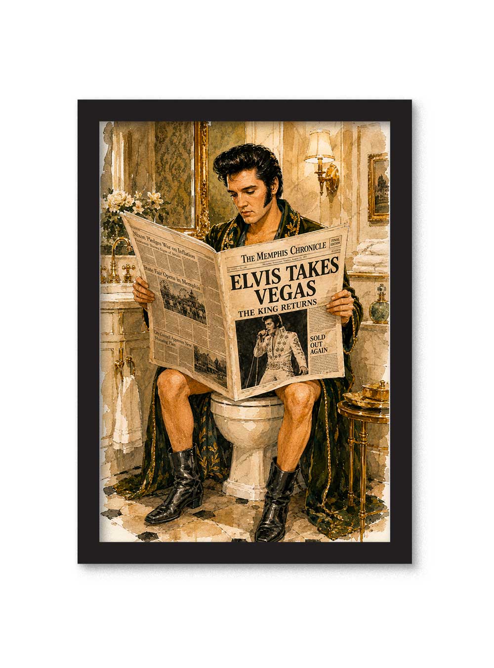 Cuadro de Elvis Presley sentado en el baño leyendo un periódico con el titular Elvis Takes Vegas