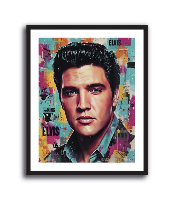 Cuadro pop art de Elvis Presley sobre collage colorido con textos The King