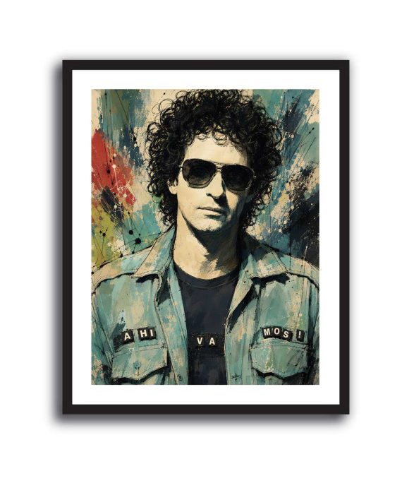 Cuadro ilustrado de Gustavo Cerati con lentes oscuros y frase Ahí Vamos en la chaqueta