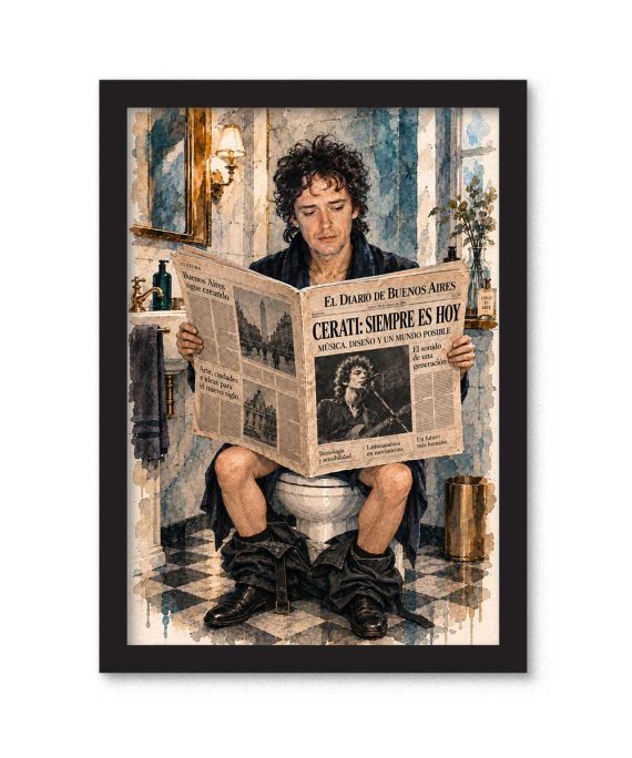 Cuadro de Gustavo Cerati sentado en el baño leyendo un diario con el titular Siempre es Hoy