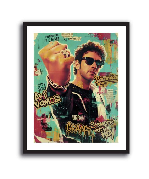 Cuadro pop art de Gustavo Cerati con lentes oscuros, grafitis y fondo turquesa