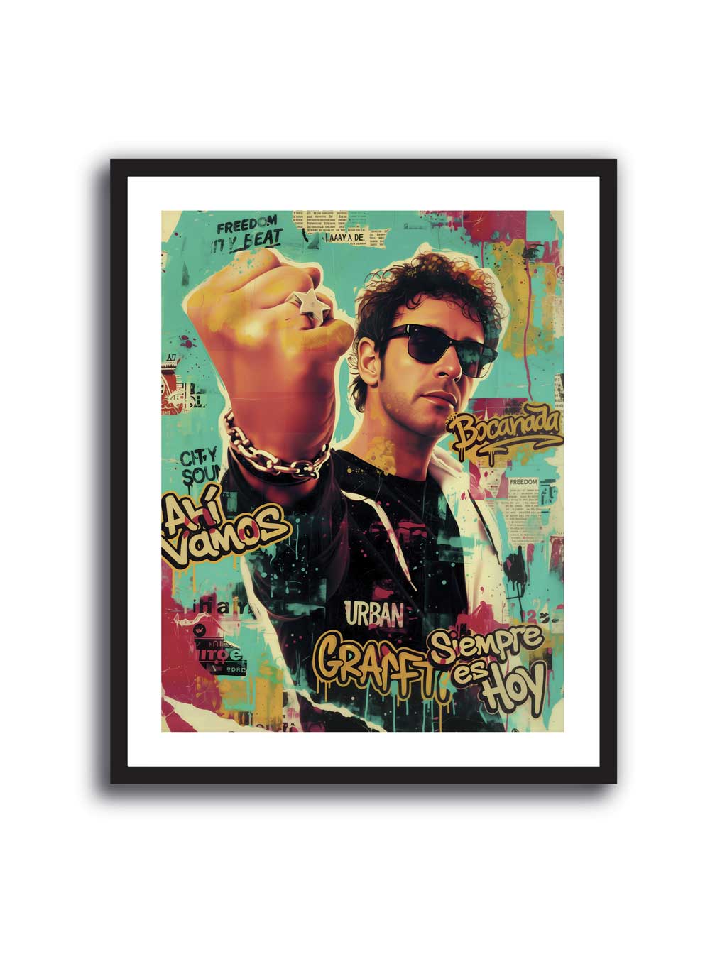 Cuadro pop art de Gustavo Cerati con lentes oscuros, grafitis y fondo turquesa