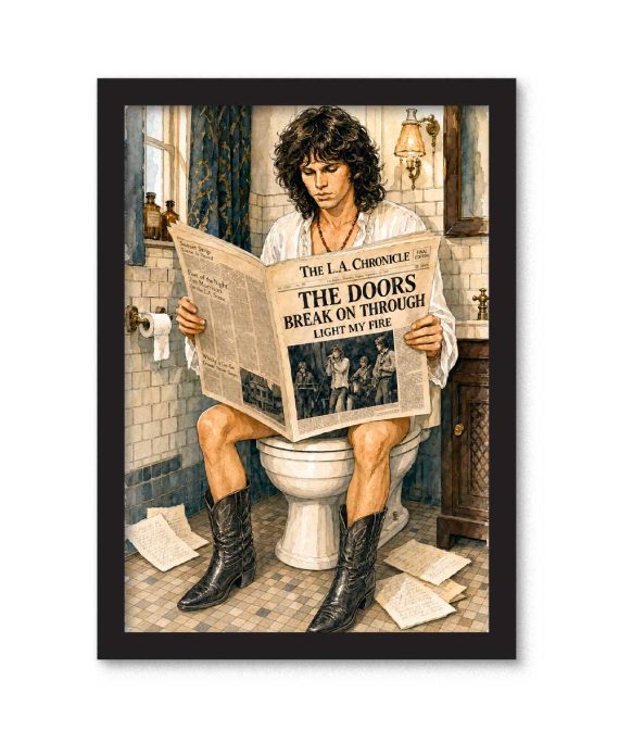 Cuadro de Jim Morrison sentado en el baño leyendo un periódico con el titular The Doors Break On Through
