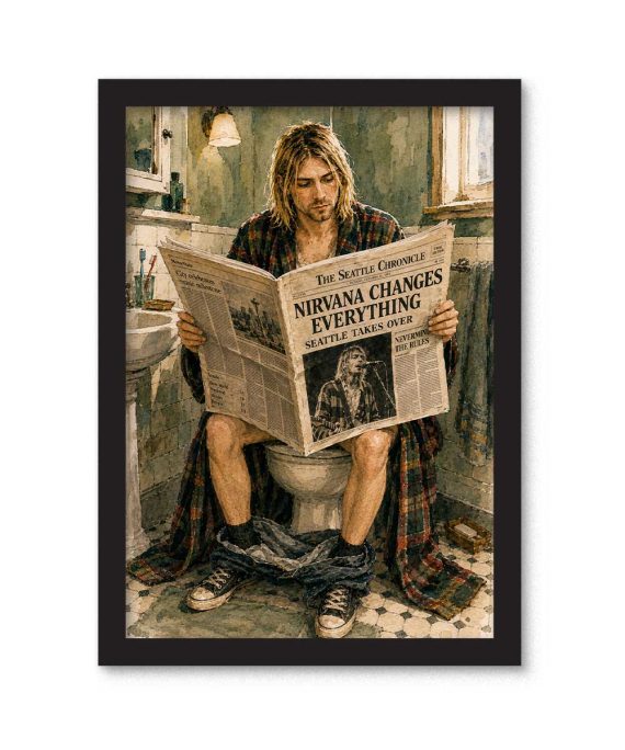 Cuadro de Kurt Cobain sentado en el baño leyendo un periódico con el titular Nirvana Changes Everything