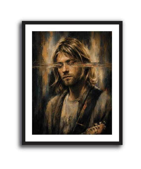 Cuadro de Kurt Cobain con guitarra y textura pictórica en tonos negros y ocres
