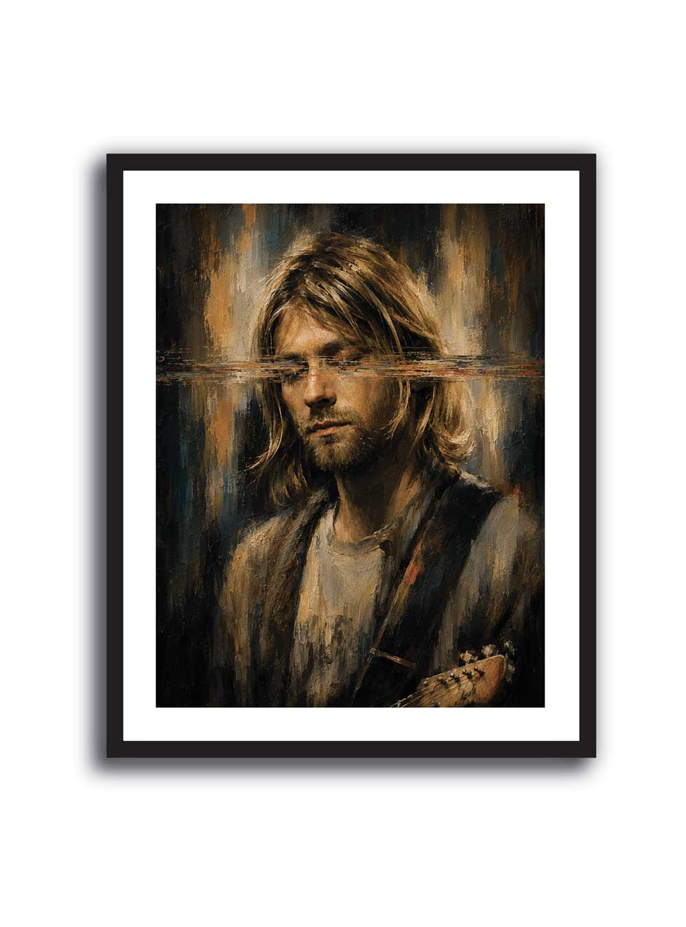 Cuadro de Kurt Cobain con guitarra y textura pictórica en tonos negros y ocres