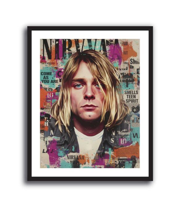 Cuadro pop art de Kurt Cobain sobre collage colorido con referencias a Nirvana
