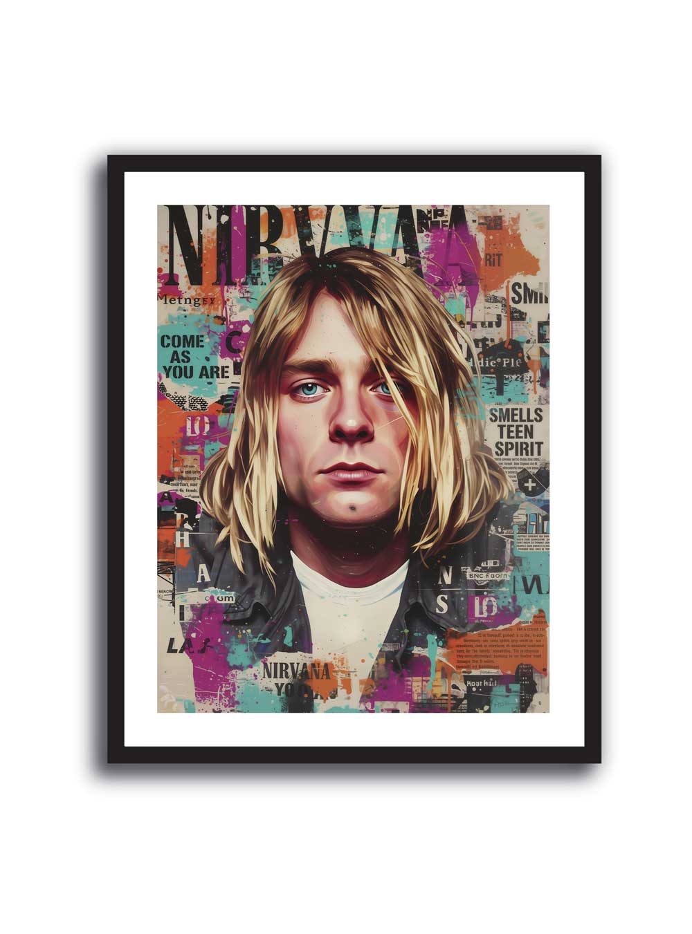 Cuadro pop art de Kurt Cobain sobre collage colorido con referencias a Nirvana