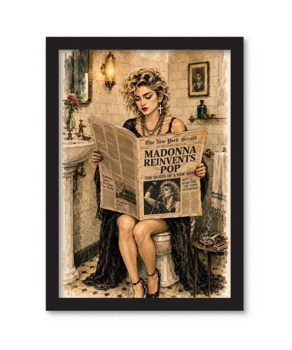 Cuadro de Madonna sentada en el baño leyendo un periódico con el titular Madonna Reinvents Pop