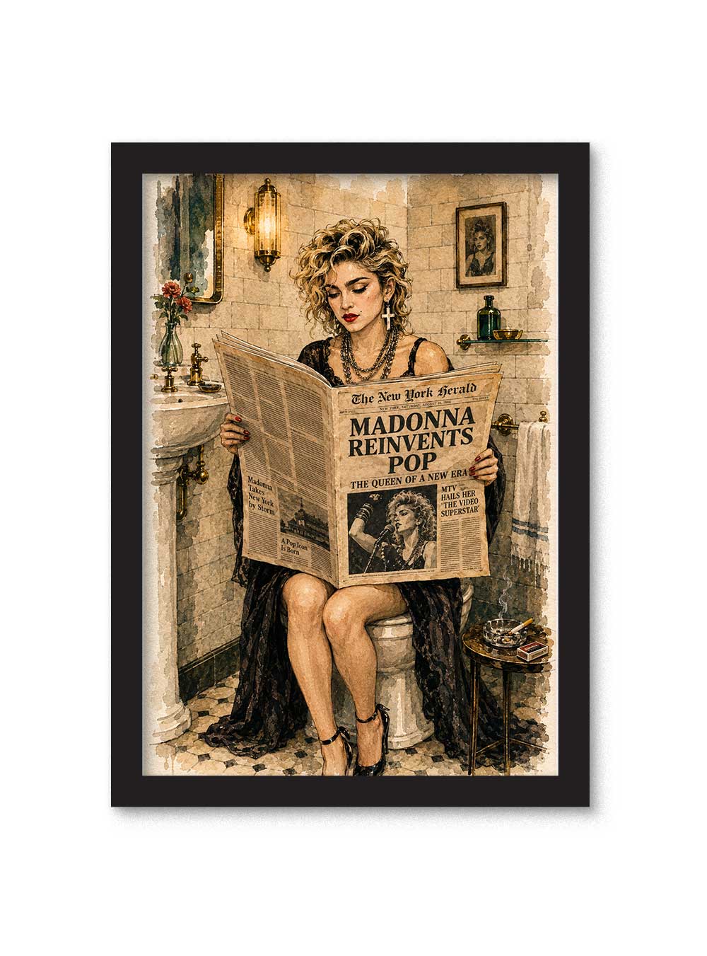 Cuadro de Madonna sentada en el baño leyendo un periódico con el titular Madonna Reinvents Pop