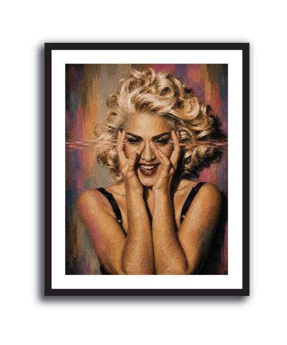 Cuadro de Madonna rubia en pose expresiva con textura pictórica en tonos dorados y rosados