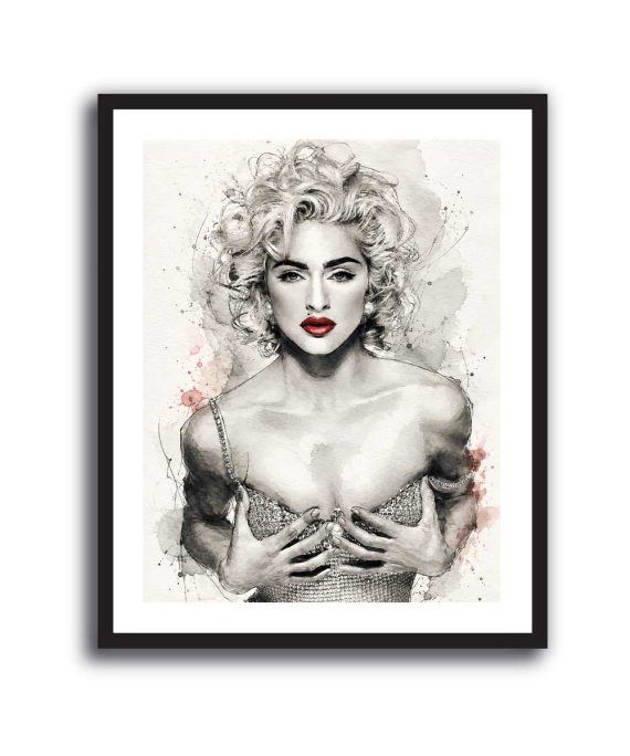 Cuadro de Madonna estilo acuarela con cabello rubio, vestido brillante y labios rojos
