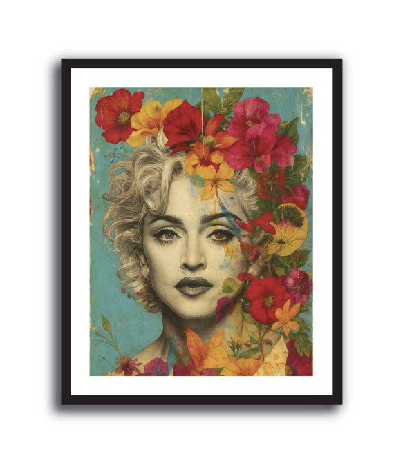 Cuadro de Madonna rodeada de flores coloridas sobre fondo turquesa