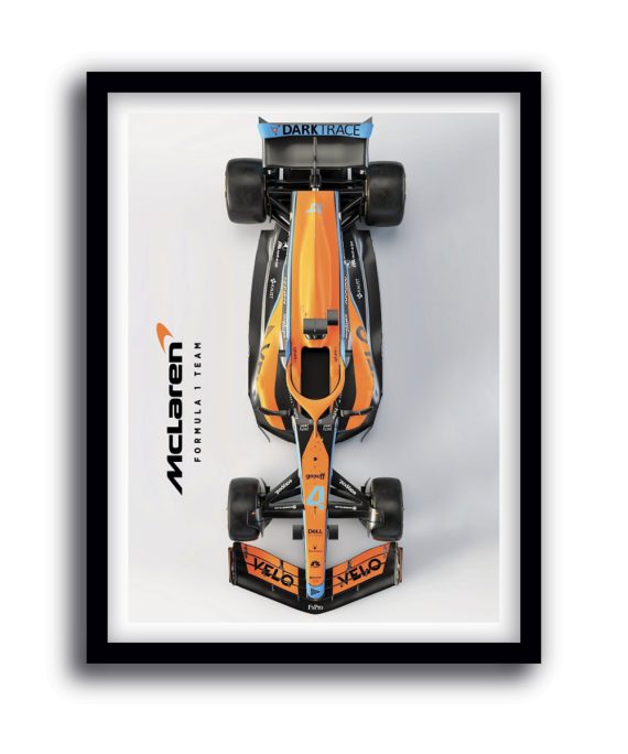 Cuadro de McLaren de Fórmula 1 visto desde arriba sobre fondo claro, fotografía deportiva decorativa