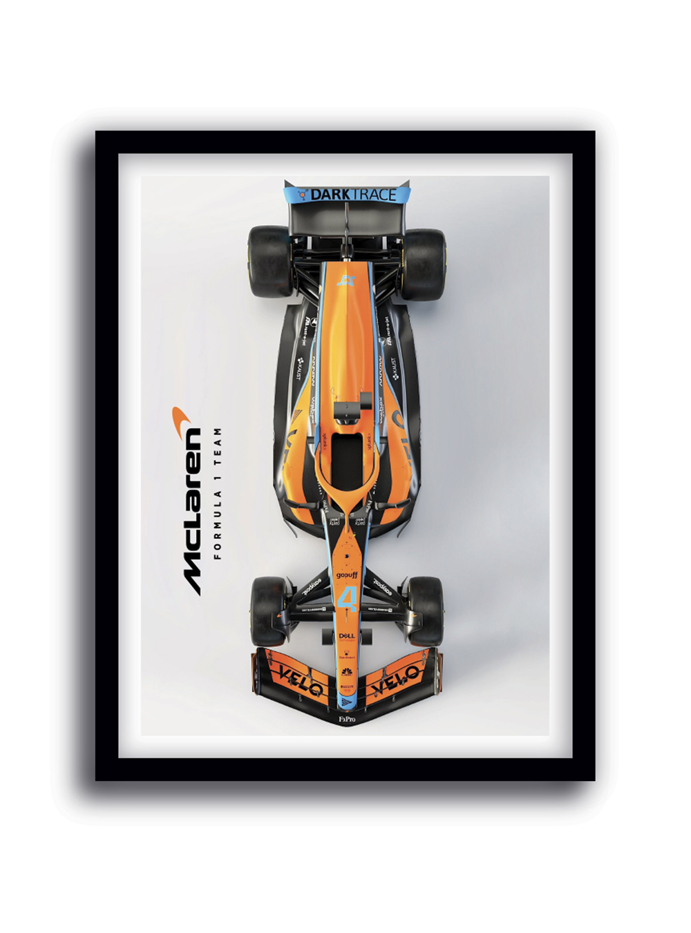 Cuadro de McLaren de Fórmula 1 visto desde arriba sobre fondo claro, fotografía deportiva decorativa