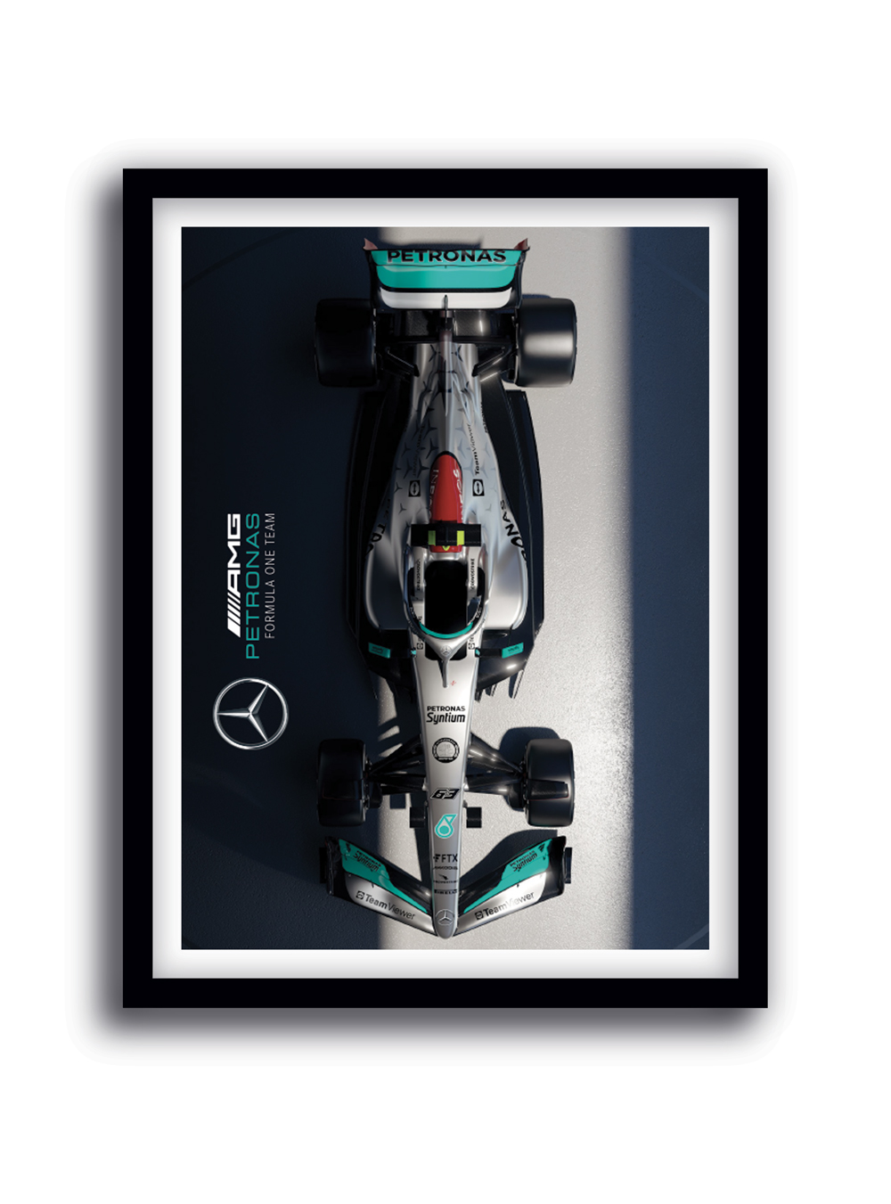 Cuadro de Mercedes Fórmula 1 visto desde arriba, fotografía deportiva en tonos negro, plata y turquesa